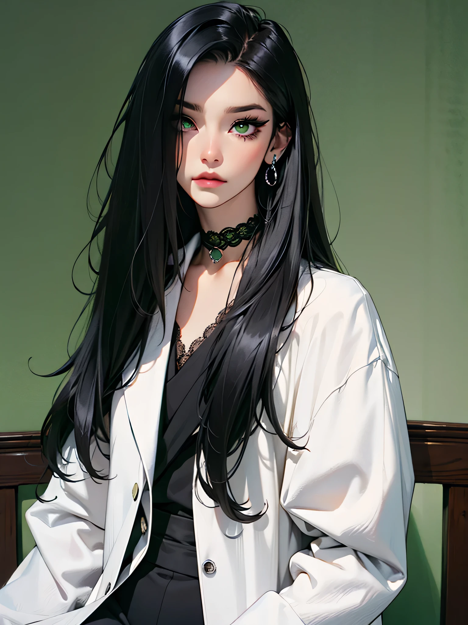 emo_hairstyle, ((tight black suit)), (black lace blazer), black tie, ((long hair)), ((straight hair)), (((black hair))), side swept bangs, white skin, pale, white, (green eye), tired expression, choker, ((dark makeup, mascara, eyeshadow)), multiple piercings, best quality, 8k, dark laboratory, dim lighting, white shirt, erotic, slytherin, flashing, opening shirt
