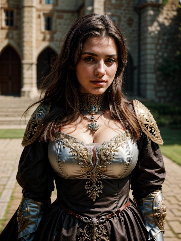 

"A beautiful young woman with long, violet eyes, wavy whithe hair wearing ornate, black armor. The armor is intricately designed with detailed patterns, covering her shoulders and chest. She has a calm, confident expression on her face, with a soft gaze looking slightly off to the side. The background is blurred, suggesting an ancient or mystical setting, possibly ruins or an old stone structure.

