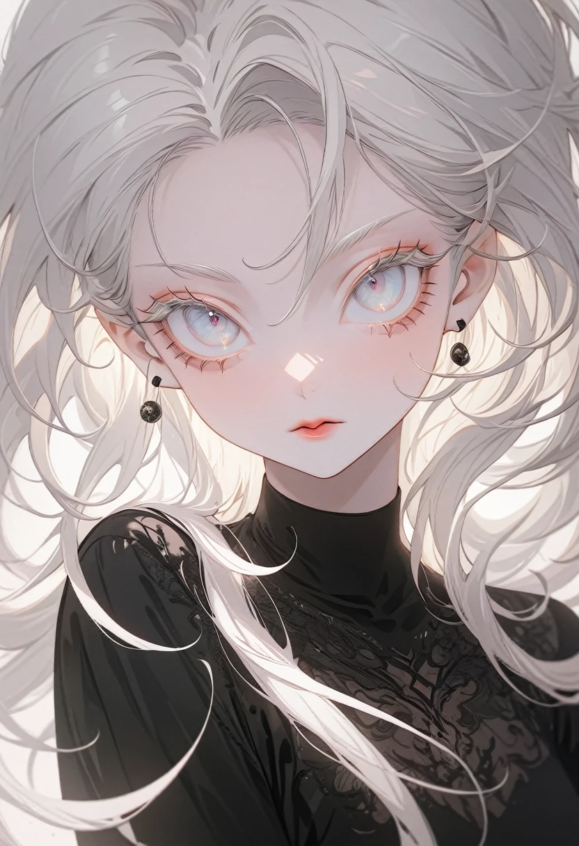 (Highest quality,Very detailed,High resolution:1.2),Albino beauty，Black long shirt，very_Long eyelashes, Cool look, Soft Skin, looking at the camera，