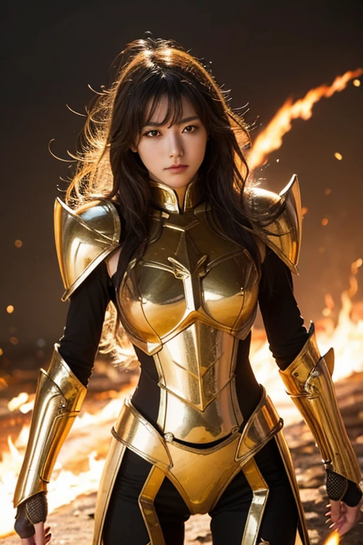 (masterpiece), (Highest quality), (1 girl), Girl in golden armor, Cool pose, Battlefield Background, Flame Background, Saint Seiya Armor, Messy Hair, Broken Armor, Tattered clothes