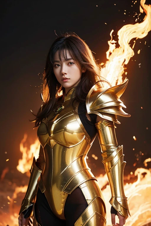 (masterpiece), (Highest quality), (1 girl), Girl in golden armor, Cool pose, Battlefield Background, Flame Background, Saint Seiya Armor, Messy Hair, Broken Armor, Tattered clothes