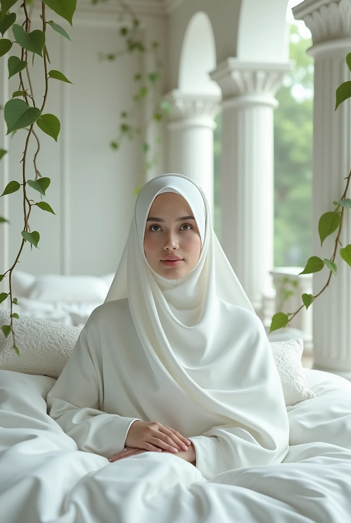 (photorealism:1.2), beautiful Malaysian woman,laying on bed,wearing shiny satin kurung and satin hijab,mucus on the hijab