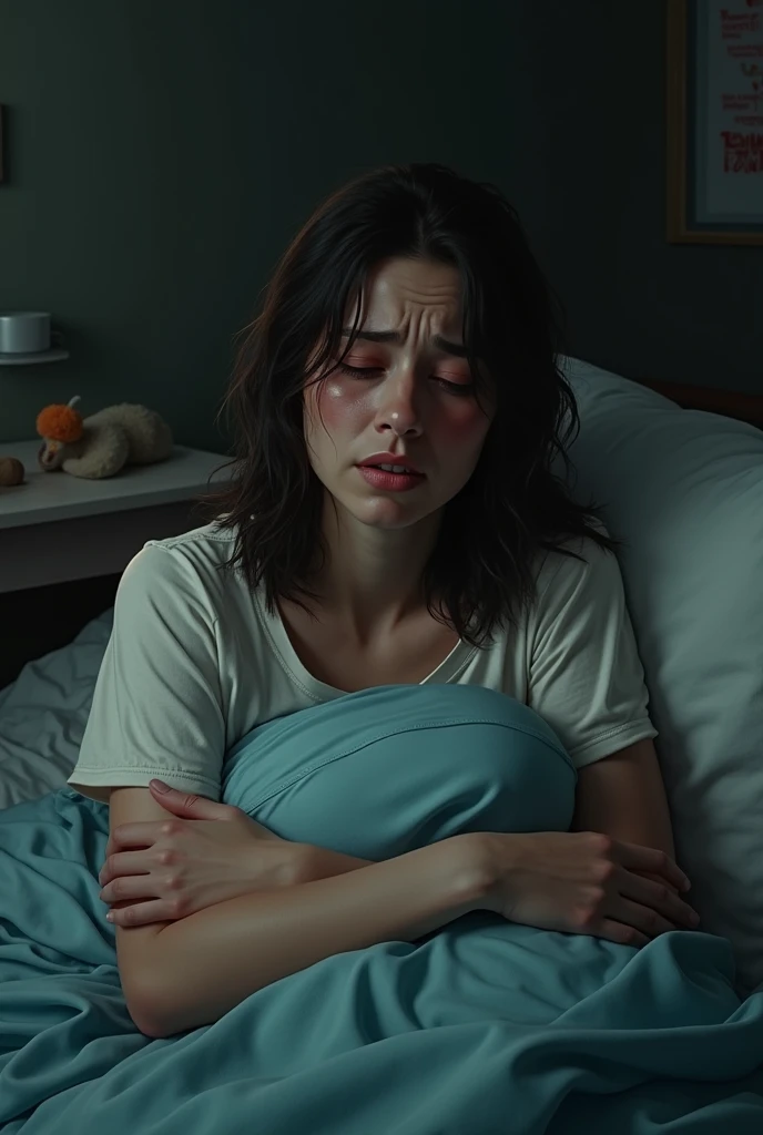 a young woman of 19 years old lying on bed, expression of pain, holding chest, dim lighting, messy room reflecting mental and physical condition, detailed face, detailed eyes and lips, realistic, cinematic lighting, dramatic, emotional, photorealistic, 8k, high quality, masterpiece