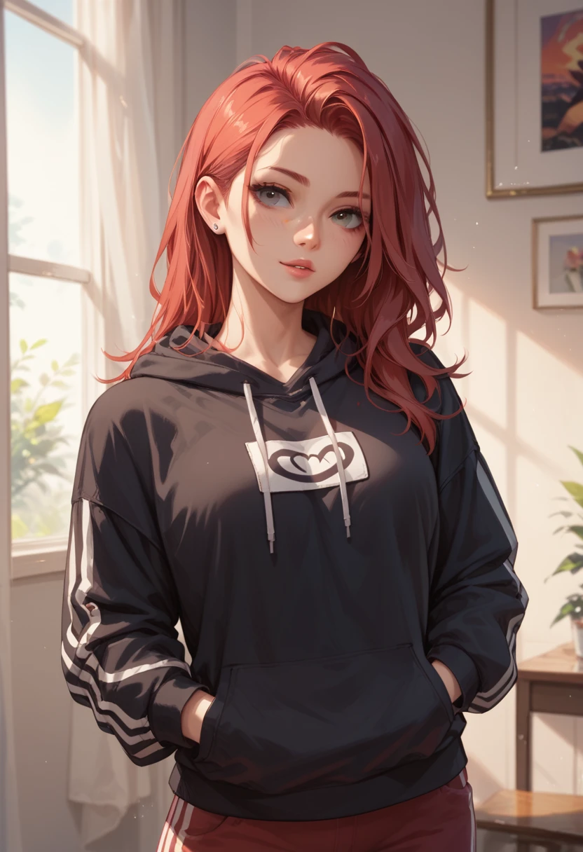 Red-haired girl wearing a sweatshirt