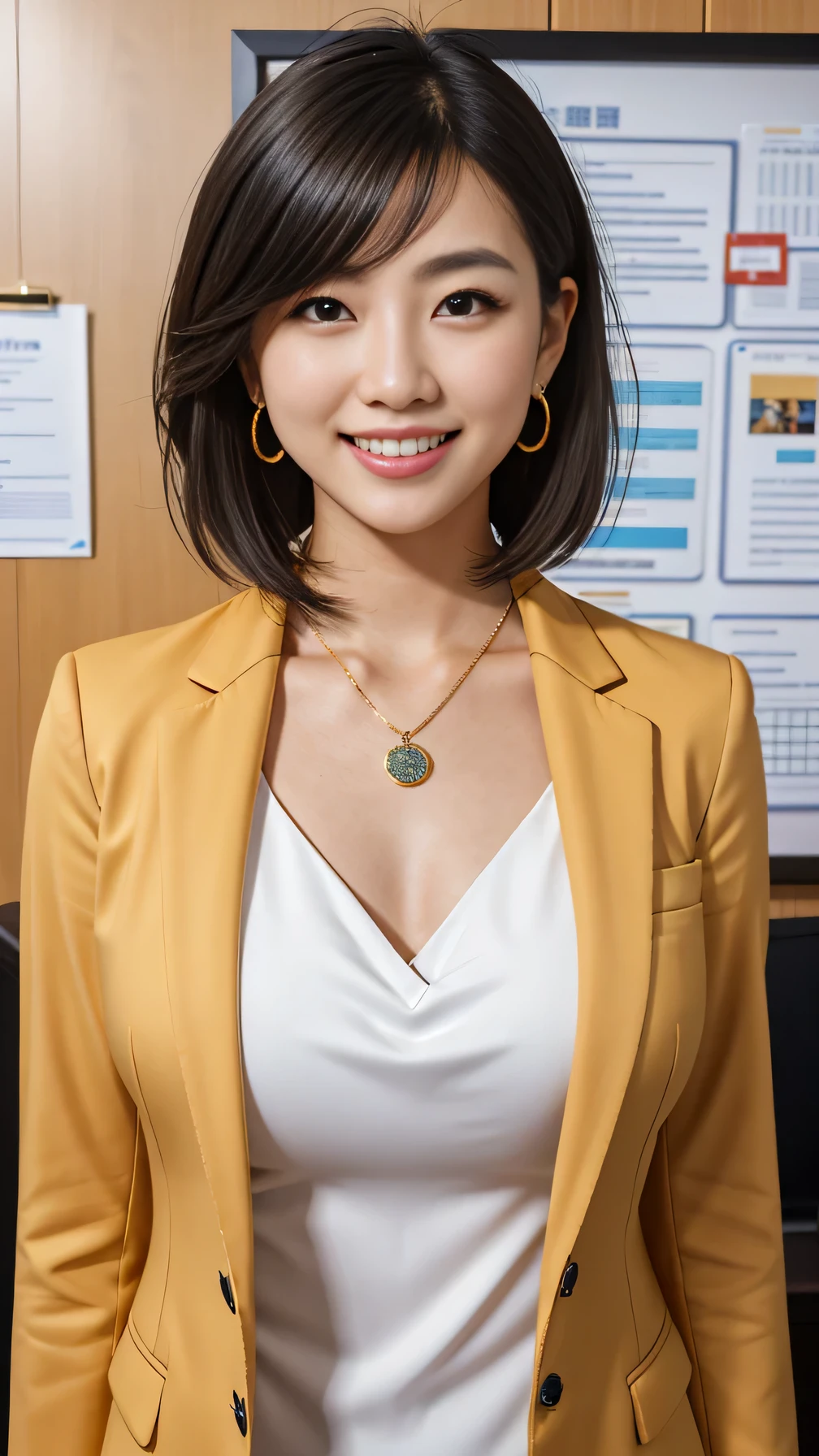 High resolution, Very detailed, Intricate details, A neat and clean Japanese woman、【Ear piercing、、short hair、Black Hair、Office ladies' suit 、jacket、shirt、smile、Beautiful teeth alignment、Necklace around the neck、, The background is an office