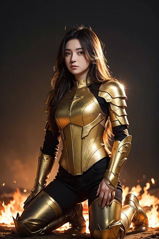 (masterpiece), (Highest quality), (1 girl), Girl in golden armor, Cool pose, Battlefield Background, Flame Background, Dirty Armor, Messy Hair, Broken Armor, Tattered clothes,Kneel