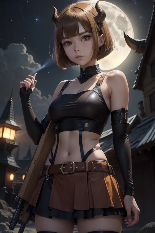 Yellow-brown hair，Bobcut，short hair，ワンレングスBobcut，Asymmetrical Hair，Long left hair，Red Eye，nakasu kasumi，Devil Cosplay，night，Valhalla Castle，Outdoor，full moon，gun，horn，Devil&#39;s Tail