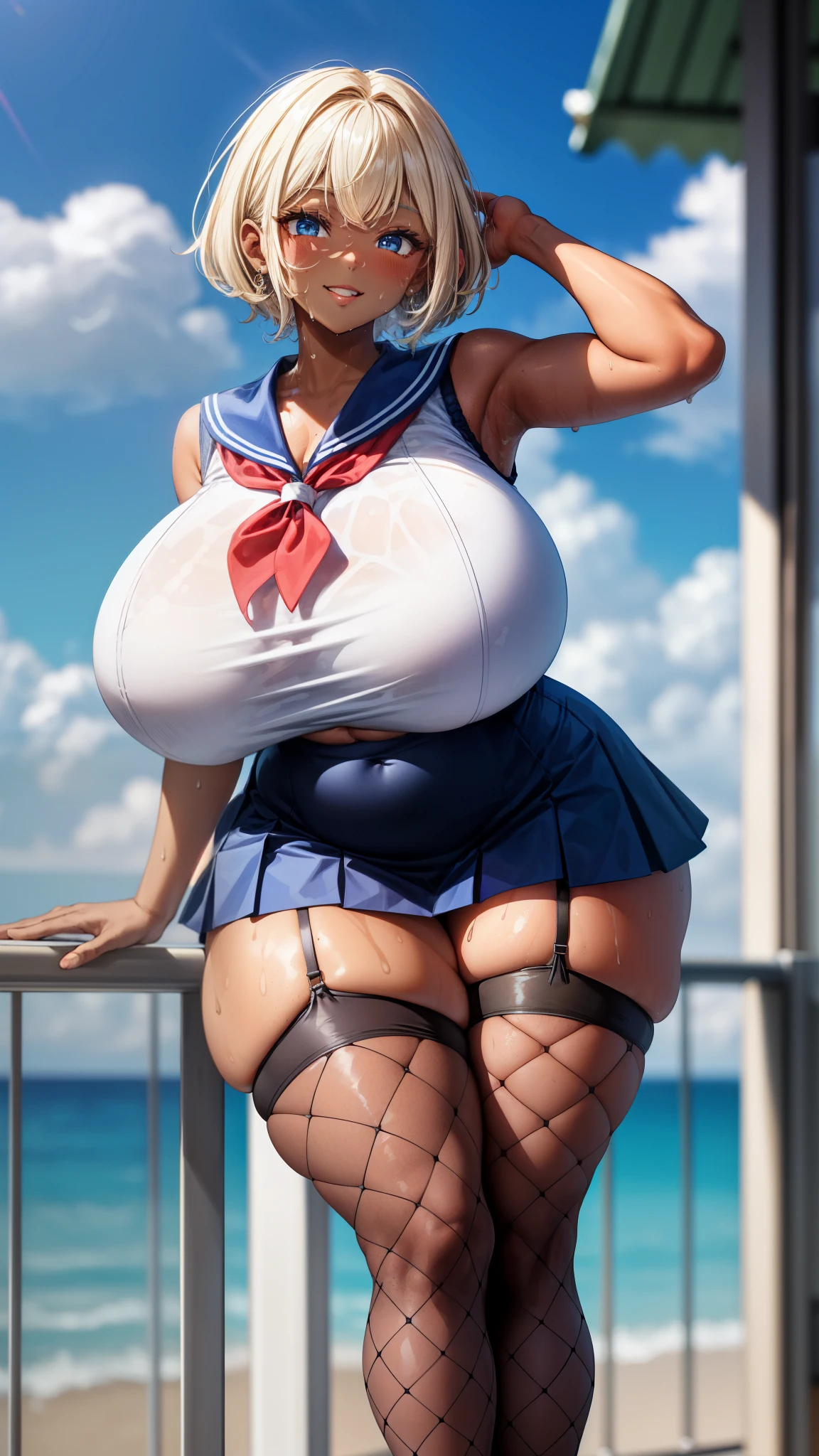 ((8k,Highest quality、Very tall、12th class、Voluptuous girl))、(gigantic tits，Thick thighs、Big Hips、Very long legs、Short Hair、arm up:1.3)、Blonde、blue eyes、(Dark Skin、Sweaty:1.3)、(Plump、happy smile:0.75)、Sleeveless sailor suit、Dark blue slit mini skirt、Fishnet tights、Belly button、Garter Stockings、Academy City