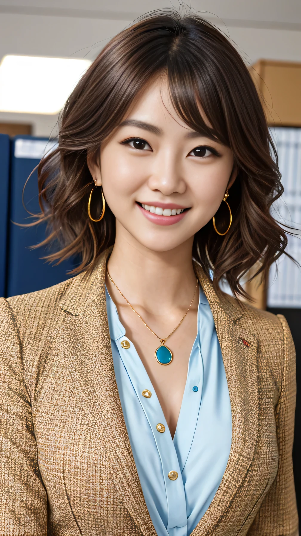 High resolution, Very detailed, Intricate details, A neat and clean Japanese woman、【Ear piercing、、short hair、Wavy Hair、Light brown hair、Office ladies' suit 、jacket、shirt、smile、Beautiful teeth alignment、Necklace around the neck、, The background is an office
