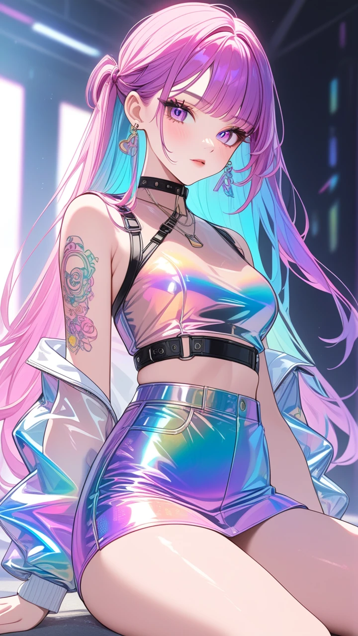 (Masterpice, bestquality),1girl, cyberpunk style, iridescent metallic, white background, array of tattoos, transparent color PVC clothing, transparent color vinyl clothing, prismatic, holographic, chromati caberration, fashion llustration, harajuku fashion, looking at viewer, ultra detailed, pixiv