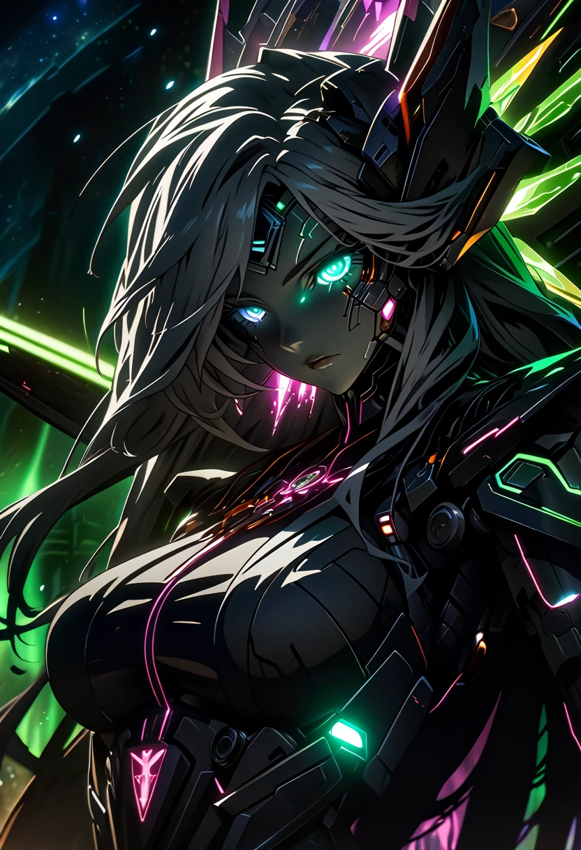 Her face is beautiful and dignified.々Beautiful anime girl。Long flowing silver hair。Anime girl with sword and shield, Official artwork, high detailed Official artwork, Mechanized Valkyrie Girl,Mechanical wings, Intricate details, Detailed Key Anime Art, God of the Galaxy, Cyborg Goddess of Space, Fair skin, Ultra Mega Super Hyper Beautiful, ( ( The God King of AI Art ) ), Official Anime Artwork, Beautiful cyborg angel girl, anime abstract art, Gear Aurora Borealis, Machine Angel、Dynamic lighting, Light from multiple sources, Luminous elements, Intense atmosphere, 