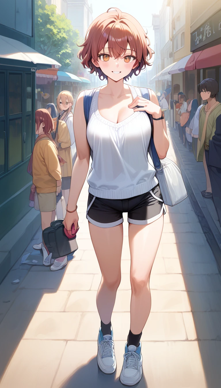 ((Center of chest, Tomboy, Small Head)), Dawn, sunlight, (Well defined abdominal muscles: 1.1), (Perfect body: 1.1), (short wavy hair: 1.2), Auburn Hair, Full body photo, Crowded street, Wearing a white vest, ((Shorts)), (Very detailed CG 8k 壁紙), (Very delicate and beautiful), (masterpiece), (Highest quality: 1.0), (ultra-High resolution: 1.0), Beautiful lighting, Perfect light, Realistic Shadows, [High resolution], Delicate skin, Very detailed, Charming smile