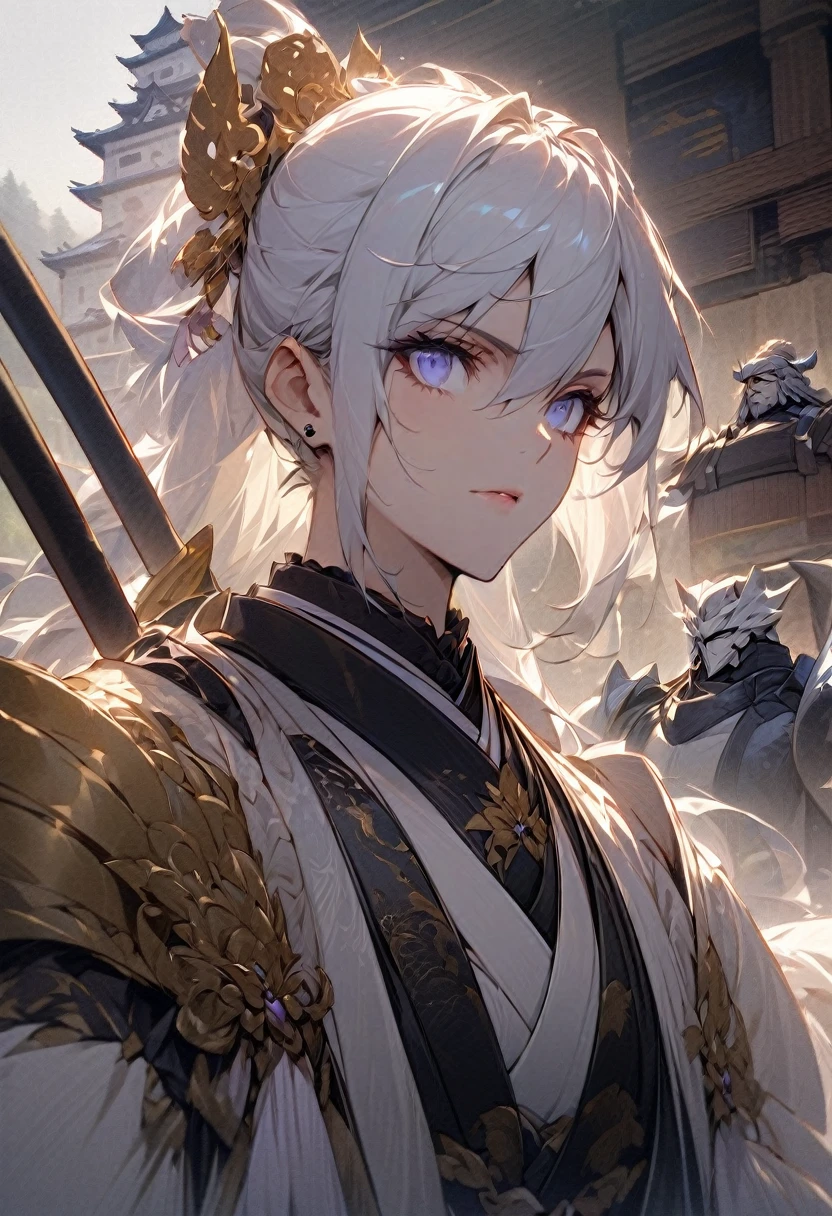 Portrait of a tall warrior。He stares ahead with a confident, piercing gaze.、Her gaze leaves a strong impression on those around her.。The background features old-fashioned Japanese castles and natural scenery.、His nobility and dignity are emphasized。His figure symbolizes strength and determination.。