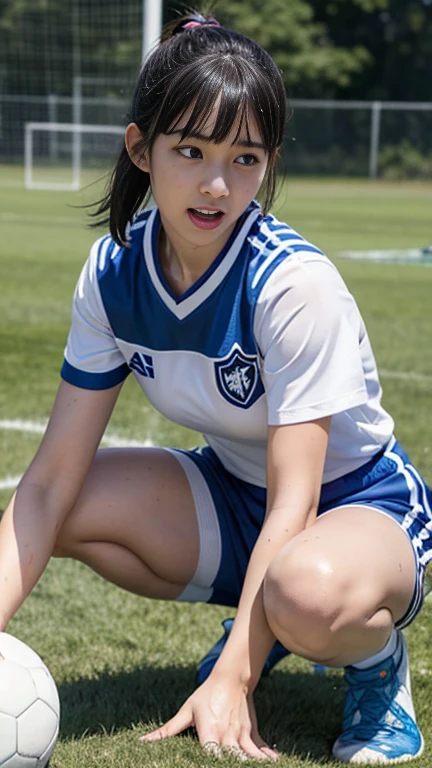 ((Top Quality, 8k, Masterpiece: 1.2)),  (realistic, photorealistic: 1.37), (kneeling on the floor, squatting, ((open crotch)), sexy pose, sexy expression :1.2), Perfect Body Beauty: 1.4, large_breasts, Beautiful Woman, 1 Woman, Big: 1.4, Slender Figure: 1.1, Dark Brown Hair, ((wet body : 0.9)),  soccer, soccer Uniform: 1.1), Ultra Detailed Face, Detailed Lips, Detailed Eyes, Double Eyelids, shiny skin, Soccer field,
