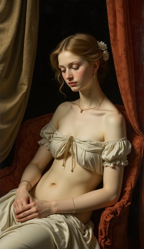 This image is a classical oil painting created in the 19th century, showcasing a young woman with a serene and contemplative expression. She has fair skin, delicate features, and light brown hair styled in loose, natural curls. The woman is depicted nude from the waist up, with her left arm crossed over her chest and her right hand holding a small, ornate golden box. She covers her lower body with a white, draped cloth that flows softly around her, giving a sense of modesty and elegance. The background is a dark, muted brown, which contrasts with her light complexion, making her the focal point of the painting. The lighting is soft and even, casting gentle shadows that highlight the contours of her body and the texture of the cloth. The brushstrokes are smooth and realistic, capturing the softness of her skin and the delicate folds of the fabric. The overall style of the painting is realistic, with a focus on naturalism and classical proportions. The composition is centered, with the woman standing upright, her head slightly tilted, and her eyes directed slightly off-camera, creating a sense of depth and engagement., <lora:Bouguereau_style:1>