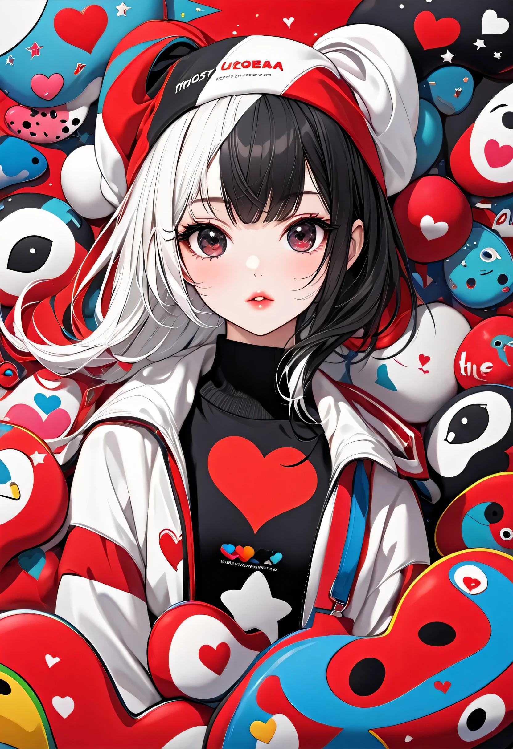 Ultra-realism Black Star Red and White style, Simple Line Initialism，Abstract art，(((The most beautiful girl of all time))), Sweet face. Lips in love, colorful hearts, stylish design, sports fashion, Dark Eyes, (((Holiday Room))), (((Cute amoeba)))