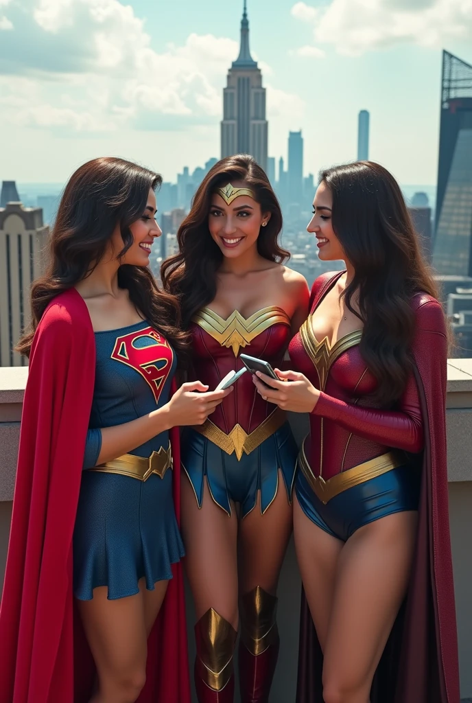 a high-resolution group image featuring five female versions of iconic superheroes standing together, Superwoman wears a vibrant blue bodysuit with a red 'S' emblem, a extremely short red skirt, flowing cape, and red boots, Batgirl is clad in a dark blue bodysuit with a gold bat emblem, a extremely short skirt, flowing cape, and gold-trimmed boots. Spider-Woman sports a red and blue bodysuit with a white spider emblem, a extremely short red and blue skirt, Iron Woman dons a red and gold armor suit with a glowing arc reactor, a extremely short red and gold skirt, and stylish boots. Captain America (female version) dresses in a blue bodysuit with white and red accents, a extremely short blue skirt, a white star emblem, and red boots, holding a round shield With star symbol, They stand united on a rooftop against a sunset city skyline, embodying strength, unity, and readiness to protect, each showcasing their unique costumes and femininity.