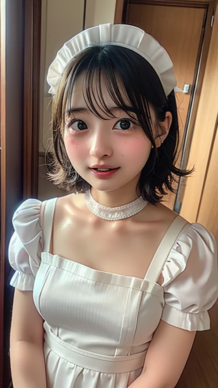 Beautiful woman looking at camera, very sexy maid costume, detailed photo, petite person, (slim, small, flat, small), sexy pose, wet body, soaked, 10 year old girl, sexual expression, wet body, short hair, kneeling, from above, slender, delicate and sexy collarbone, on all fours, upper horn: 1.5, palm on the floor, very sexy see-through Akihabara maid dress, maid headdress