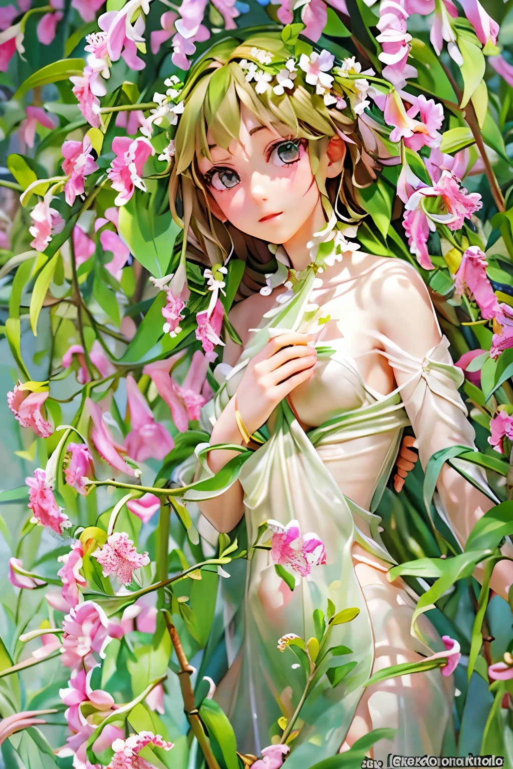 Highest quality, masterpiece, High resolution,One Girl,Beautiful Face, See-through clothing、nude, naked, ,(The lily of the valley flowers are blooming)、Art Station, Smooth, Sharp focus, Blur the background、Dreamy atmosphere, Works by Alphonse Mucha、((No logo))、