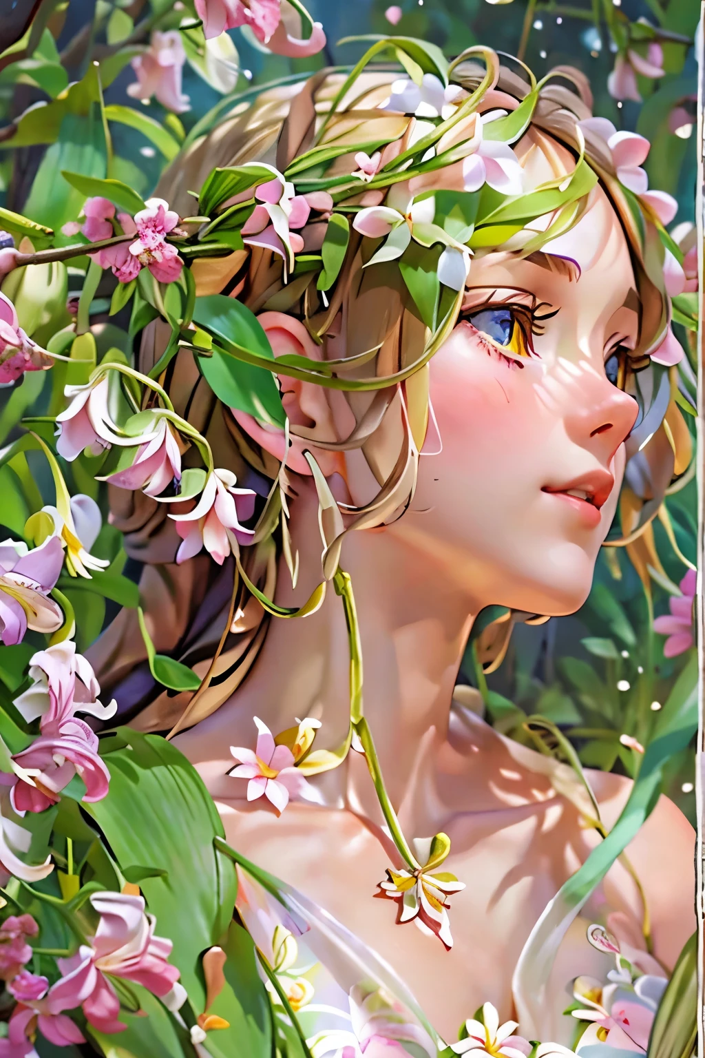 Highest quality, masterpiece, High resolution,One Girl,Beautiful Face, See-through clothing、nude, naked, ,(The lily of the valley flowers are blooming)、Art Station, Smooth, Sharp focus, Blur the background、Dreamy atmosphere, Works by Alphonse Mucha、((No logo))、