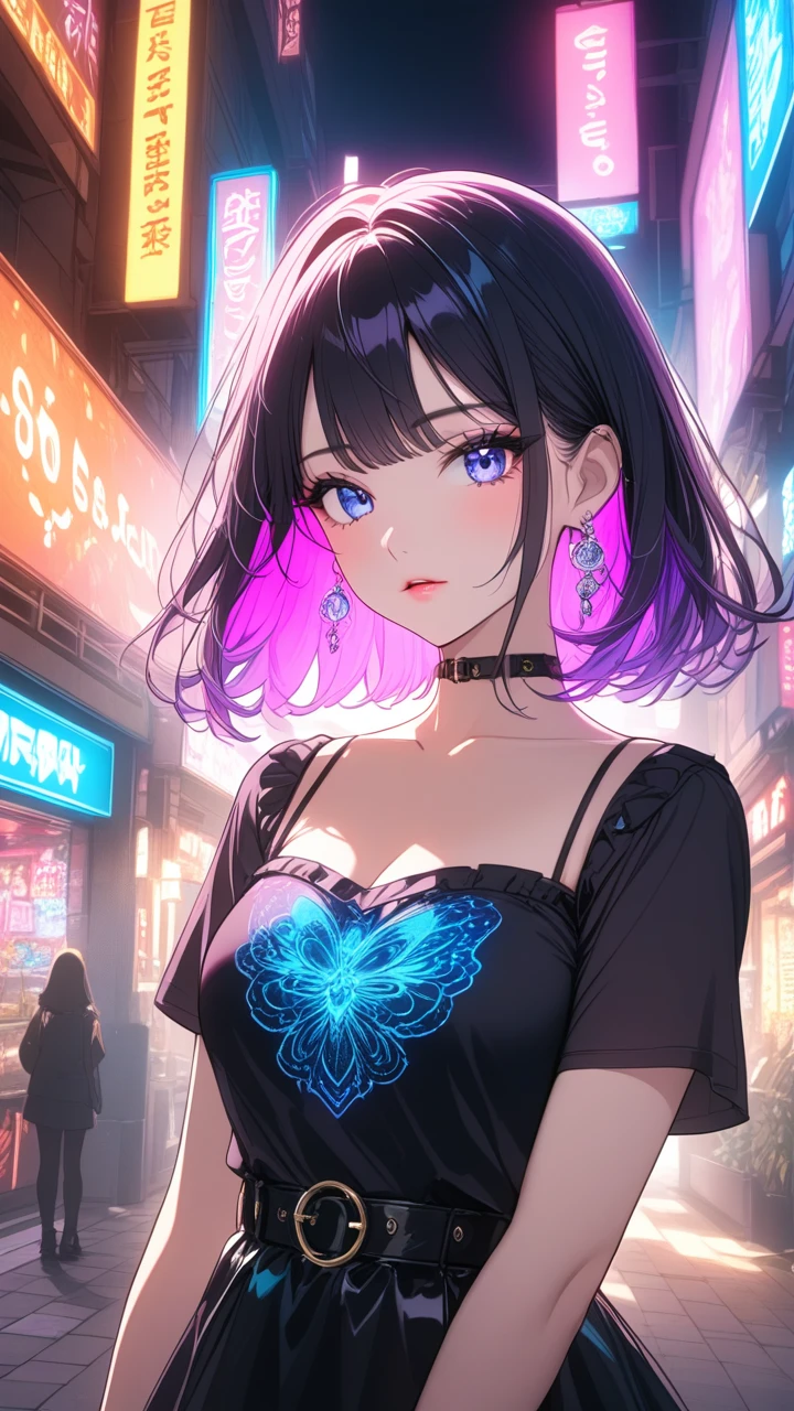 1girl, backlighting, blacklight, beautiful detailed eyes, beautiful detailed lips, beautiful detailed face, long eyelashes, glowing skin, ethereal, mystical, surreal, dramatic lighting, neon, ultraviolet, psychedelic, vibrant colors, high resolution, cinematic, atmospheric, harajuku fashion, AKIHABARA, wide angle 