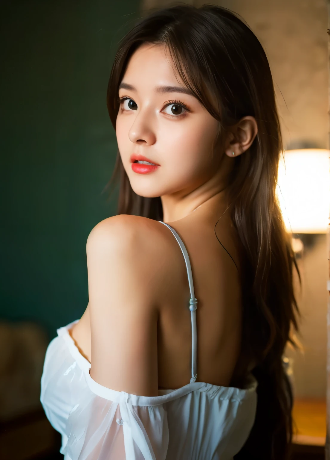 (best quality,cute,facening,idol face,round face,long hair,straight,long hair flowing forward,white lingerie,soft light,back view,squatting pose,glowing skin,legs apart,sparkling eyes,groin closeup)
