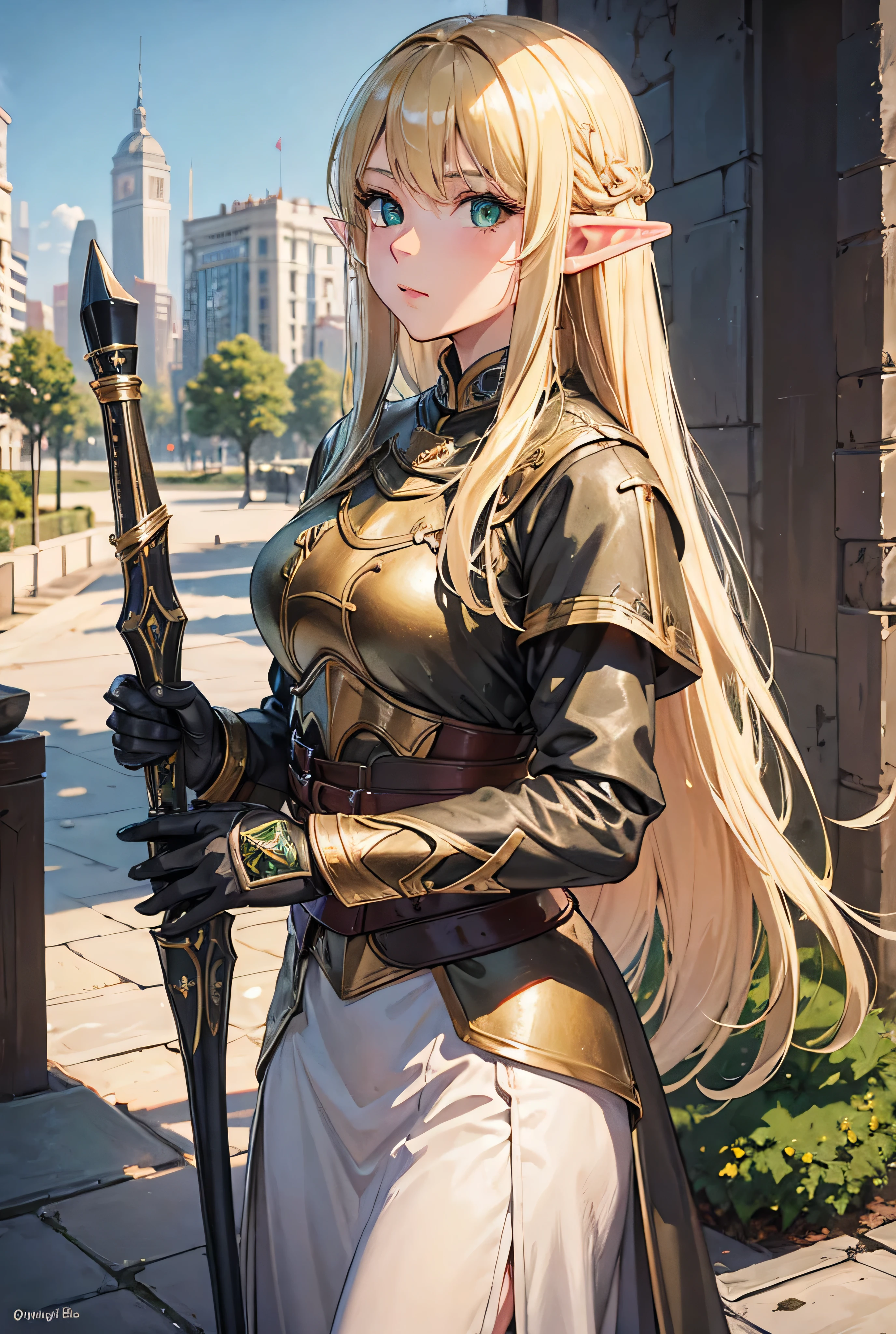 One Girl, Long Hair, strict, blonde, Green Eyes, knight, city, Highest quality, High Resolution Model, Elf, Fisheye Shot,