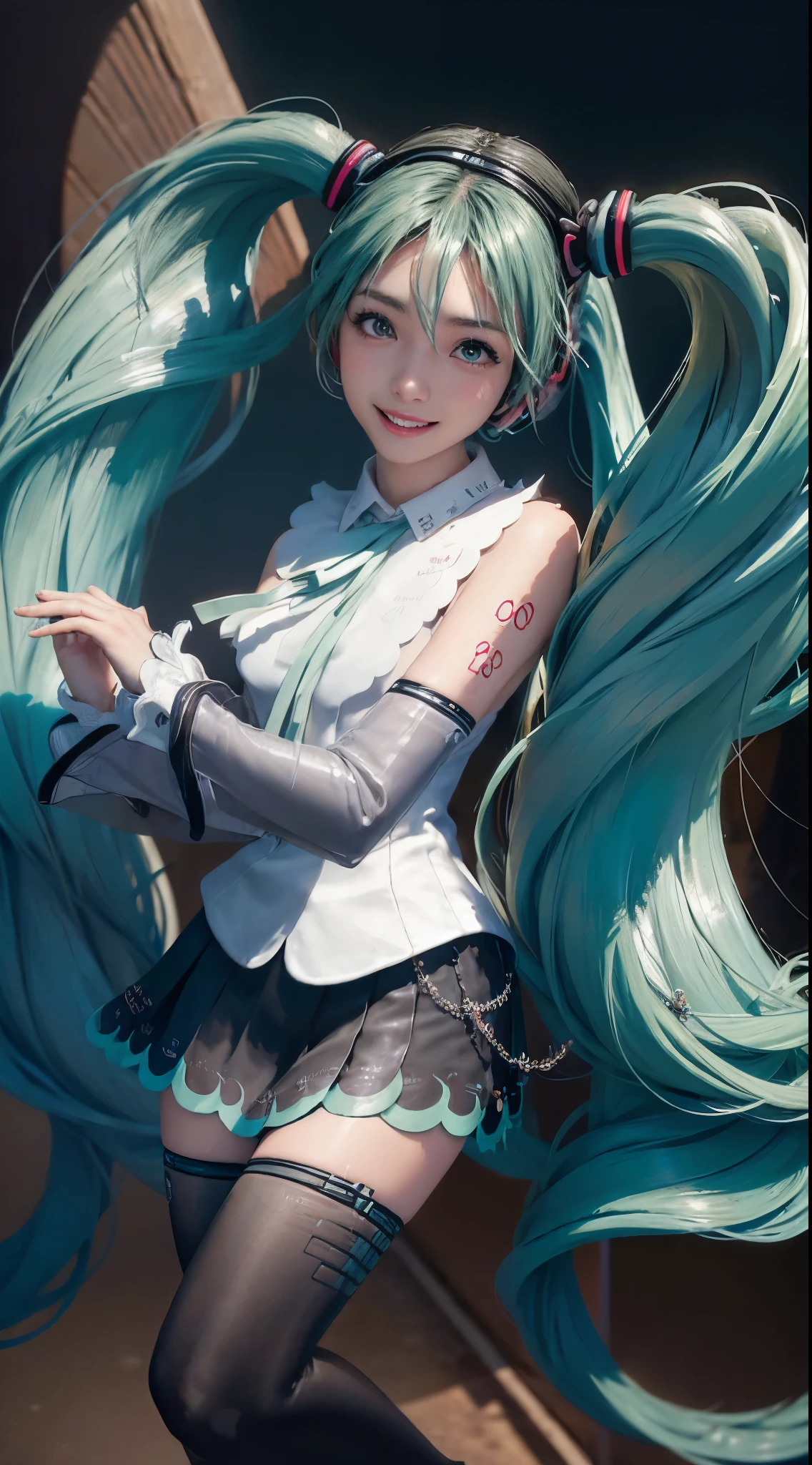 (Hatsune Miku character), Shiny light green hair, Long hair and ponytail, Take in the scenery, I can see, smile (big smile)、 whole body, 2 Girls, Perfect body, Perfect Anatomy, double eyelids, Moderate bust, Highly detailed skin texture,(Photorealistic Skin), Ultra detailed face, Detailed lips, Wet Skin, (In the Dark:1.6), Hyperrealistic female portraits by David Hockney and Alphonse Mucha, Fantasy art, Realistic photo, [Dynamic pose, Dynamic lighting, Art Station, Poster, Volumetric lighting, Highly detailed face, 4K, Awards, In the Dark, Deep Shadow, Modest, Cowboy Shot, (Formal attire:1.1), Luxury Satin Long Dress, Illuminated Dress