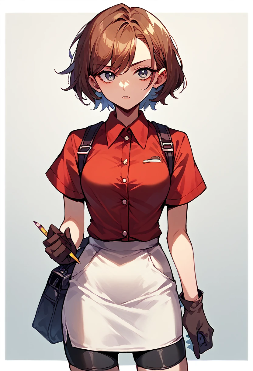 nsfw.glamorous,bike shorts, collared shirt, gloves, microskirt, multicolored shirt, pencil skirt, red shirt, shirt, short sleeves, skirt, white skirt,