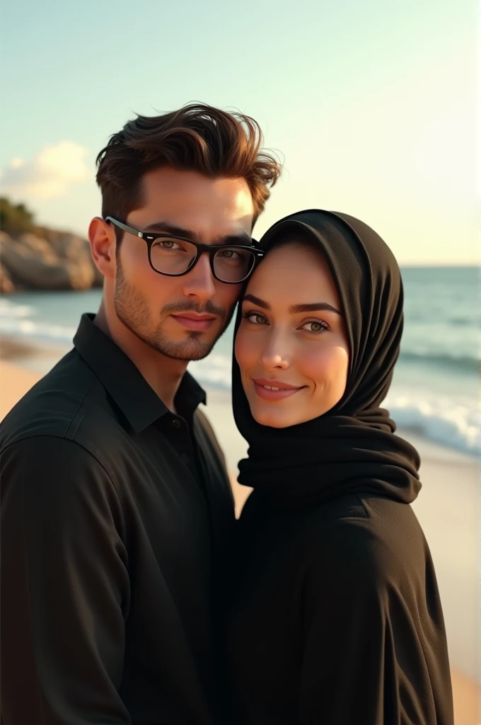 A slightly tanned young man with something written on his shirt "El Boukhari" A civil engineer standing next to his beautiful architect wife, who is white and wearing glasses, with something written on her blanket "Zeyneb" 
By the sea, the weather is beautiful
And the wife is Muslim and modest