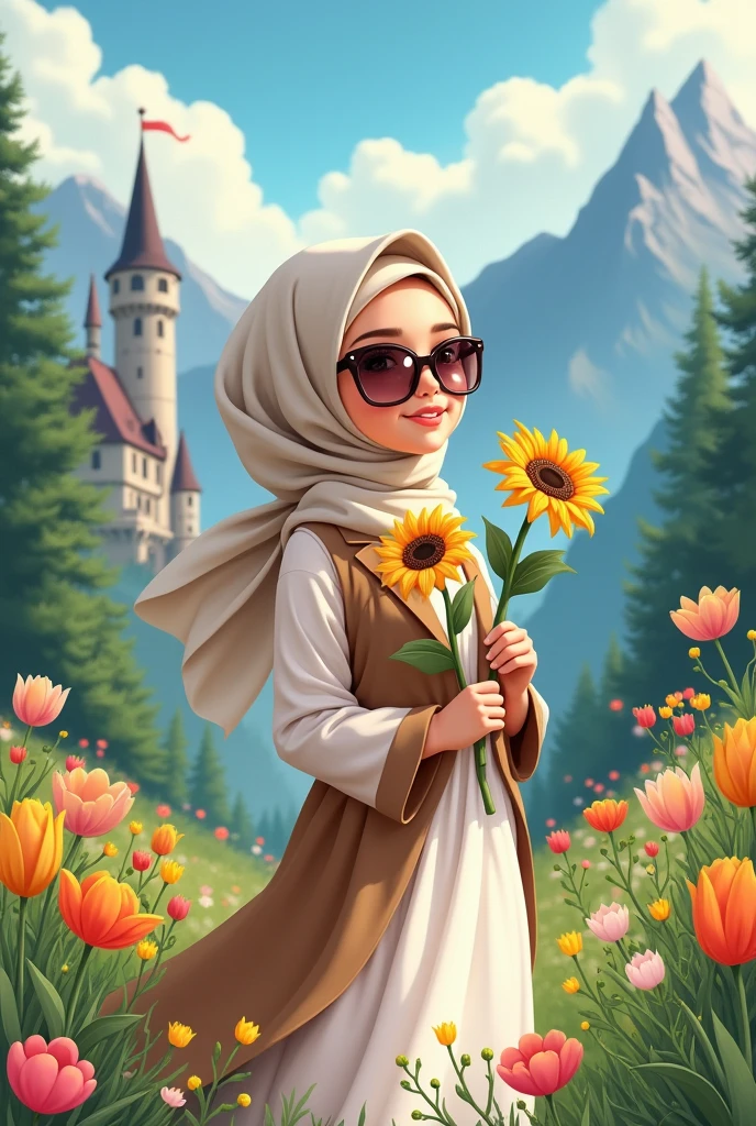 Realistic Karikatur, A women wearing hijab, pastel brown color hijab, wearing black graduation hat, wearing merah graduation hood with yellow color on the edge, wearing black graduation gown, Long graduation gown that covers the ankles, wearing black shoes , women shoes, rice field background with flowers , wooden house background,mountain background with waterfall, Bicycle background with flower basket , kawaii theme designs, kawaii poses