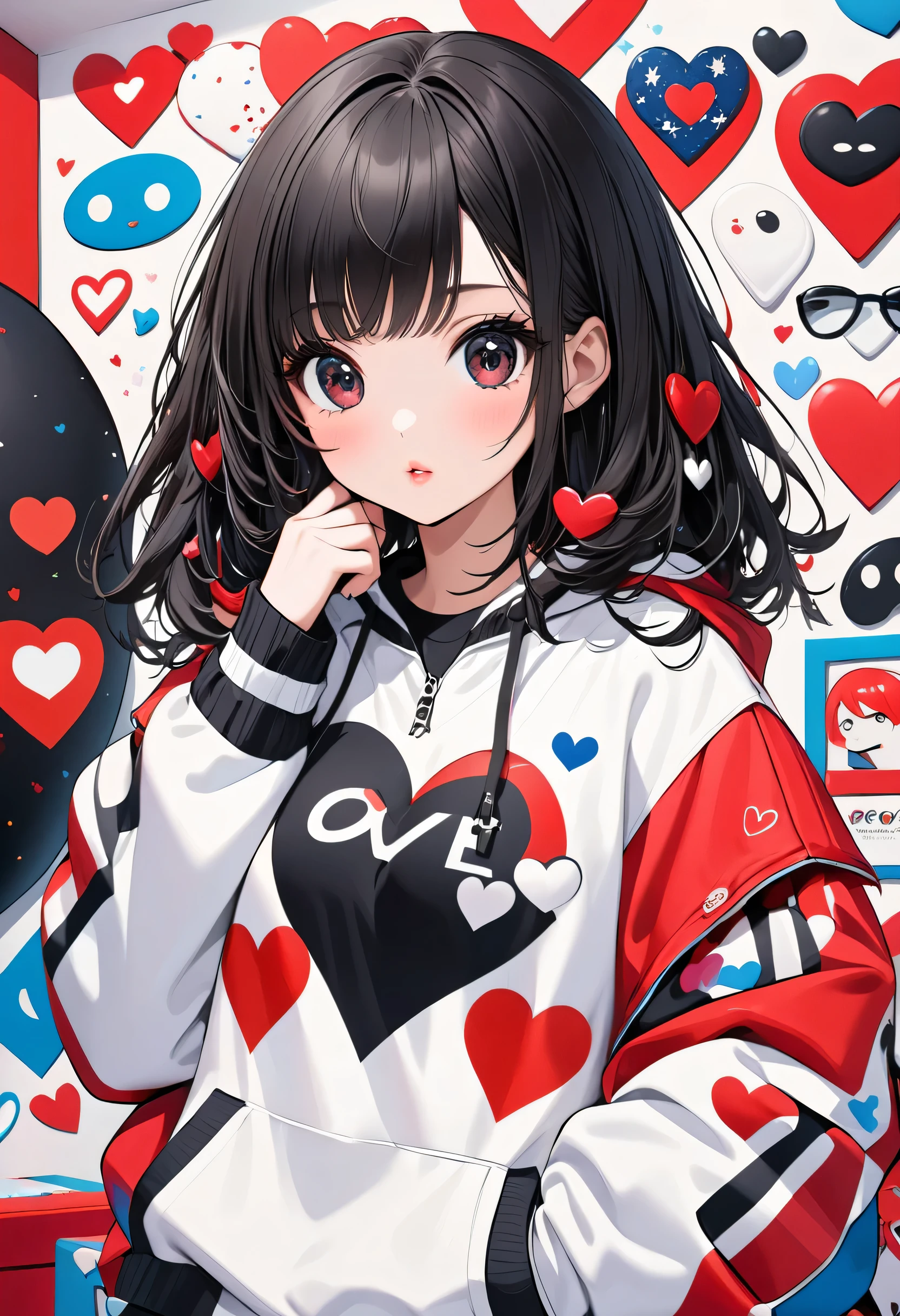 Ultra-realism Black Star Red and White style, Simple Line Initialism，Abstract art，(((The most beautiful girl of all time))), Sweet face. Lips in love, colorful hearts, stylish design, sports fashion, Dark Eyes, (((Holiday Room))), (((Cute amoeba)))