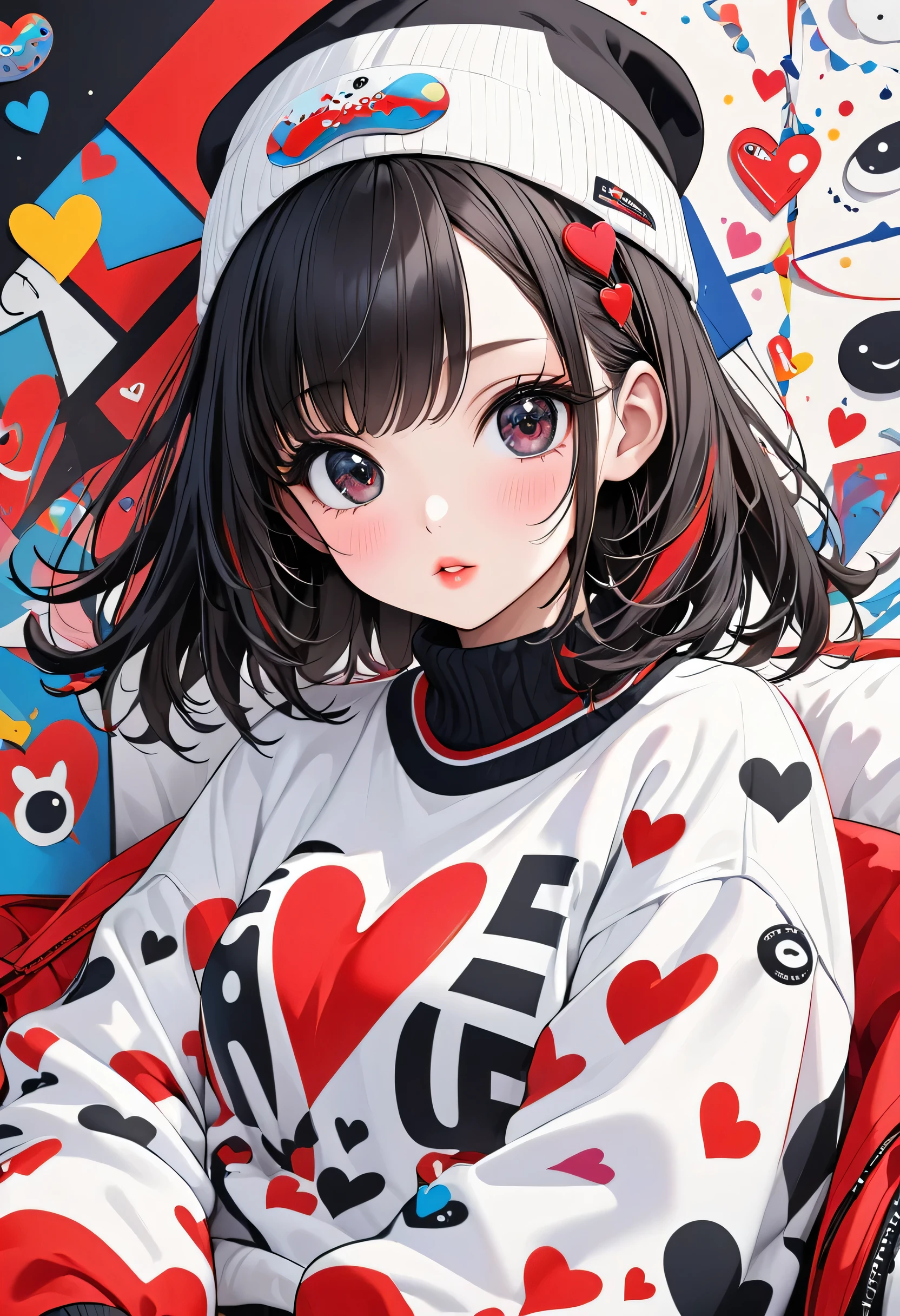 Ultra-realism Black Star Red and White style, Simple Line Initialism，Abstract art，(((The most beautiful girl of all time))), Sweet face. Lips in love, colorful hearts, stylish design, sports fashion, Dark Eyes, (((Holiday Room))), (((Cute amoeba)))