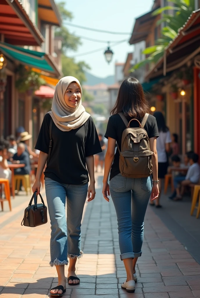 Two paralyzed women hijab in wheelchairs, both wearing pantyhose and red lipstick, are on the street