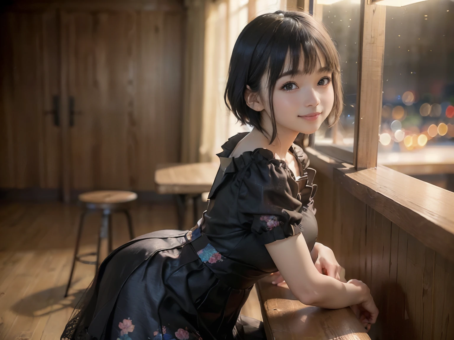 (Highest quality, masterpiece, Ultra-high resolution, 8k, RAW Photos, Realistic, Anatomically correct:1.5), 20-year-old girl:1.2, Embarrassing, avert your eyes, blush:1.0, View Viewer, ((bar)) 、Large windows、Night view、 Light:1.2, Bokeh, Cinema Lighting:1.0, Depth of written boundary, sharp、 Cute Face、Idol、(Black short sleeve lace top)、(Black tulle skirt)、(Navy blue clothes)、”dwarf”、(Full Body Shot)、(Side angle)、Cowboy Shot、( smile)、((Ultra short hair、Berry Short))、(Straight bangs)、((See-through))、(( One woman))、look back、I can see your belly button、