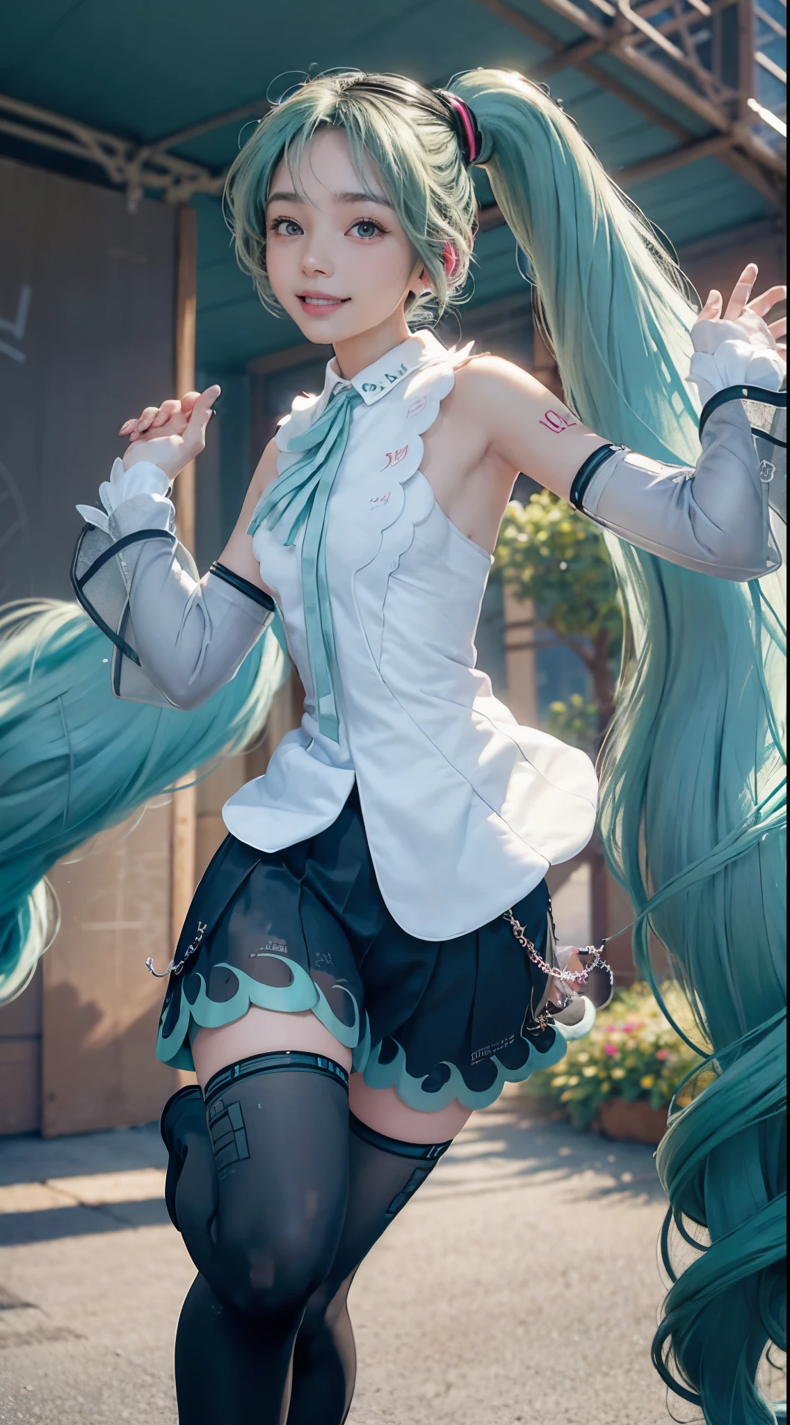 (Hatsune Miku character), Shiny light green hair, Long hair and ponytail, Take in the scenery, I can see, smile (big smile)、 whole body, 2 Girls, Perfect body, Perfect Anatomy, double eyelids, Moderate bust, Highly detailed skin texture,(Photorealistic Skin), Ultra detailed face, Thick pink lips, Wet Skin, Hyperrealistic female portraits by David Hockney and Alphonse Mucha, Realistic photo, [Dynamic pose, Dynamic lighting, Art Station, Poster, 4K, Modest, Cowboy Shot, (Formal attire:1.1), Luxury Satin Long Dress,