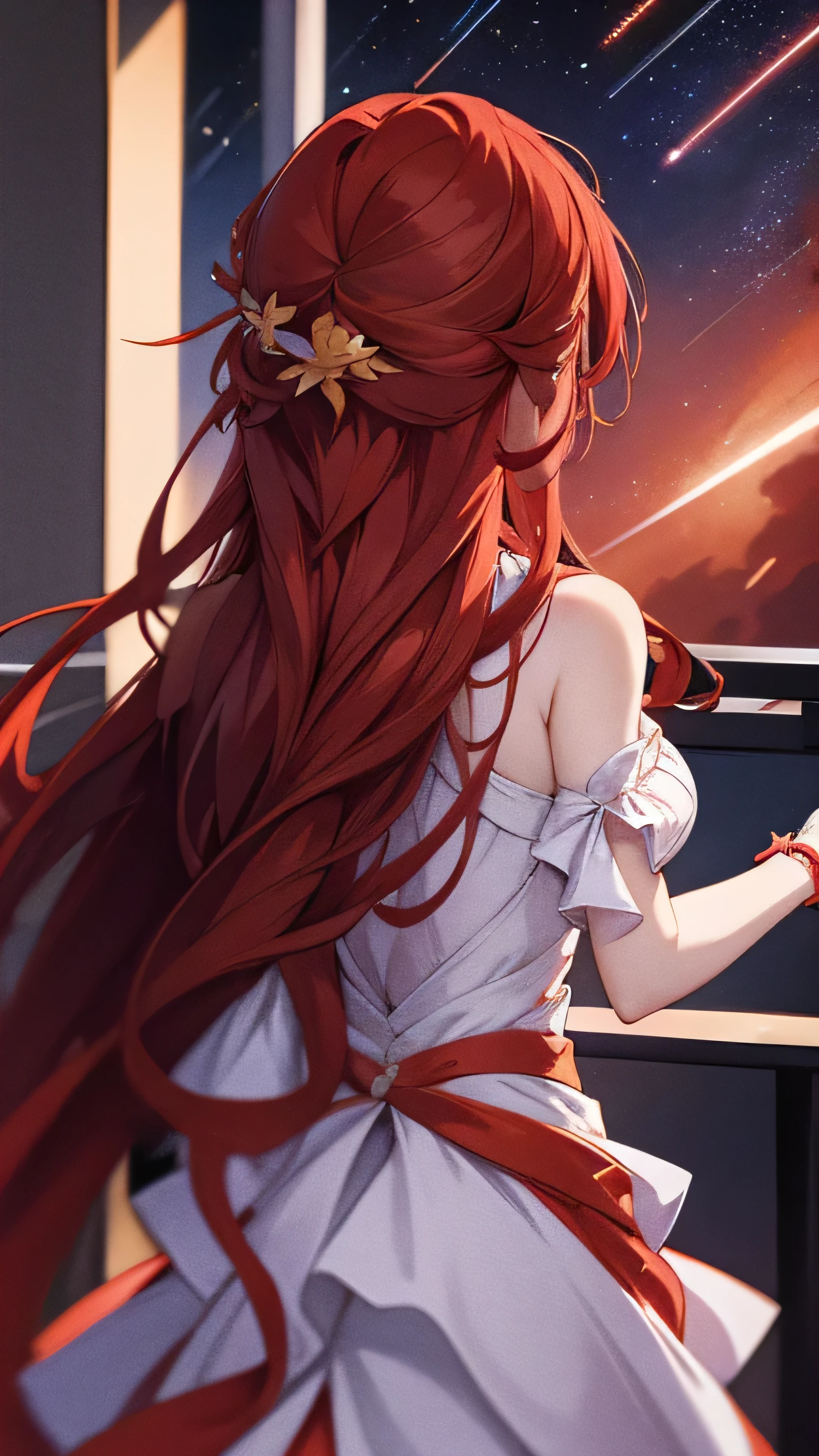 2d painting of Himeko from Honkai star rail standing at the edge of a balcony, stars fill the sky, shooting stars arc across the night sky, her flaming red hair flows in the wind, back view, anime style