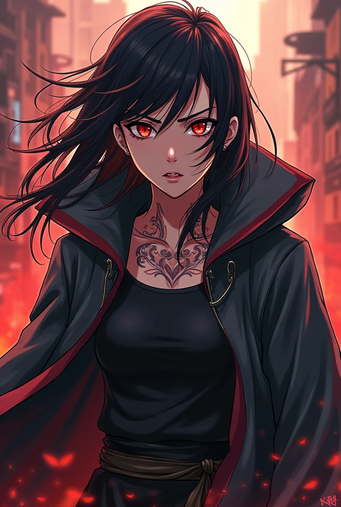 (masterpiece, top quality, best quality, official art, beautiful and aesthetic:1.2), (1girl:1.3), extreme detailed,colorful,highest detailed, detailed city background, rain, depth of field, 1girl, yoru \(chainsaw man\), 1girl, long hair, black hair, red eyes, scar on face, ringed eyes, (pinafore dress, black belt, black ribbon), detailed eyes, detailed face, on the street, sad,