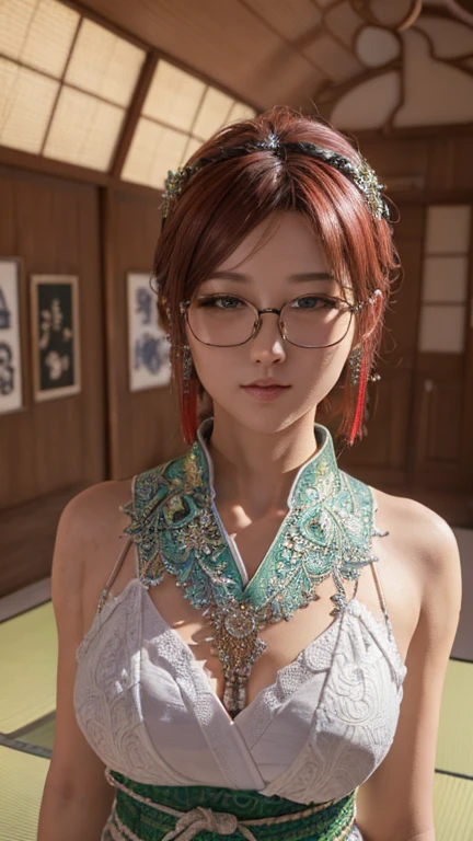 masterpiece, best quality, (realistic,photo-realistic:1.4), (RAW photo:1.2), extremely detailed CG unity 8k wallpaper, delicate and beautiful, amazing, finely detail,official art, absurdres, incredibly absurdres, huge filesize, ultra-detailed, extremely detailed, extremely detailkcaled girl,extremely detailed eyes and face, light on face,little smiles,short hair,black hair,garden,(wearing kimono:1.4),(wearing red framed glasses:1.4),waterfall,small breast