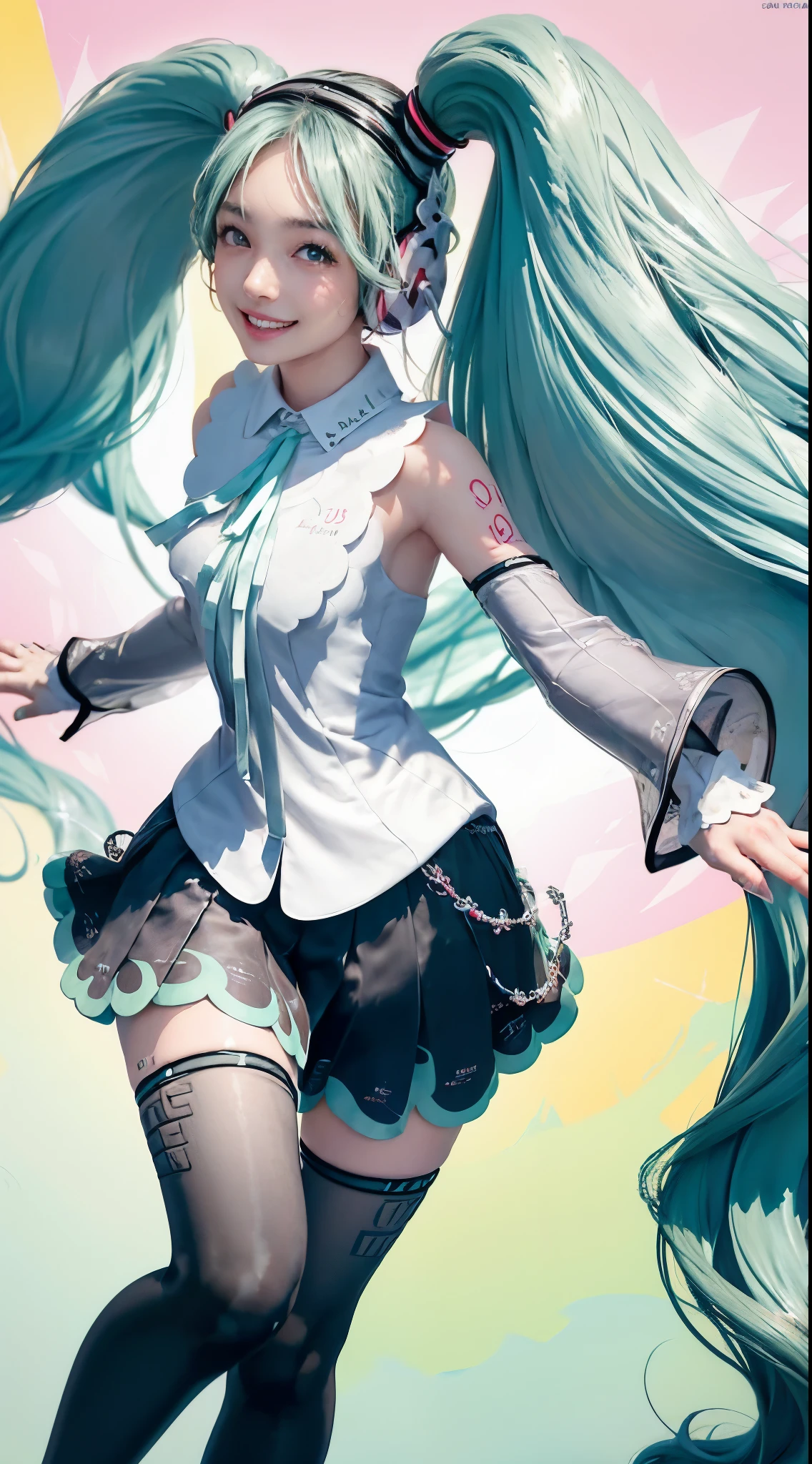 (Hatsune Miku character), Shiny light green hair, Long hair and ponytail, Take in the scenery, I can see, smile (big smile)、 whole body, 2 Girls, Perfect body, Perfect Anatomy, double eyelids, Moderate bust, Highly detailed skin texture,(Photorealistic Skin), Ultra detailed face, Thick pink lips, Wet Skin, Hyperrealistic female portraits by David Hockney and Alphonse Mucha, Realistic photo, [Dynamic pose, Dynamic lighting, Art Station, Poster, 4K, Modest, Cowboy Shot, (Formal attire:1.1), Simple white background