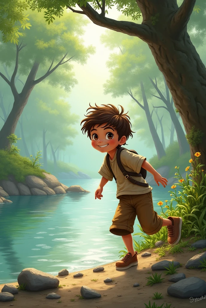 there is a young boy that is playing in the woods, adorable digital painting, expressing joy. by krenz cushart, childrens art in artstation, happy ???, enjoying a stroll in the forest, inspired by Goro Fujita, by Yeong-Hao Han, jaeyeon nam, inspired by Yeong-Hao Han, by Kim Eung-hwan
