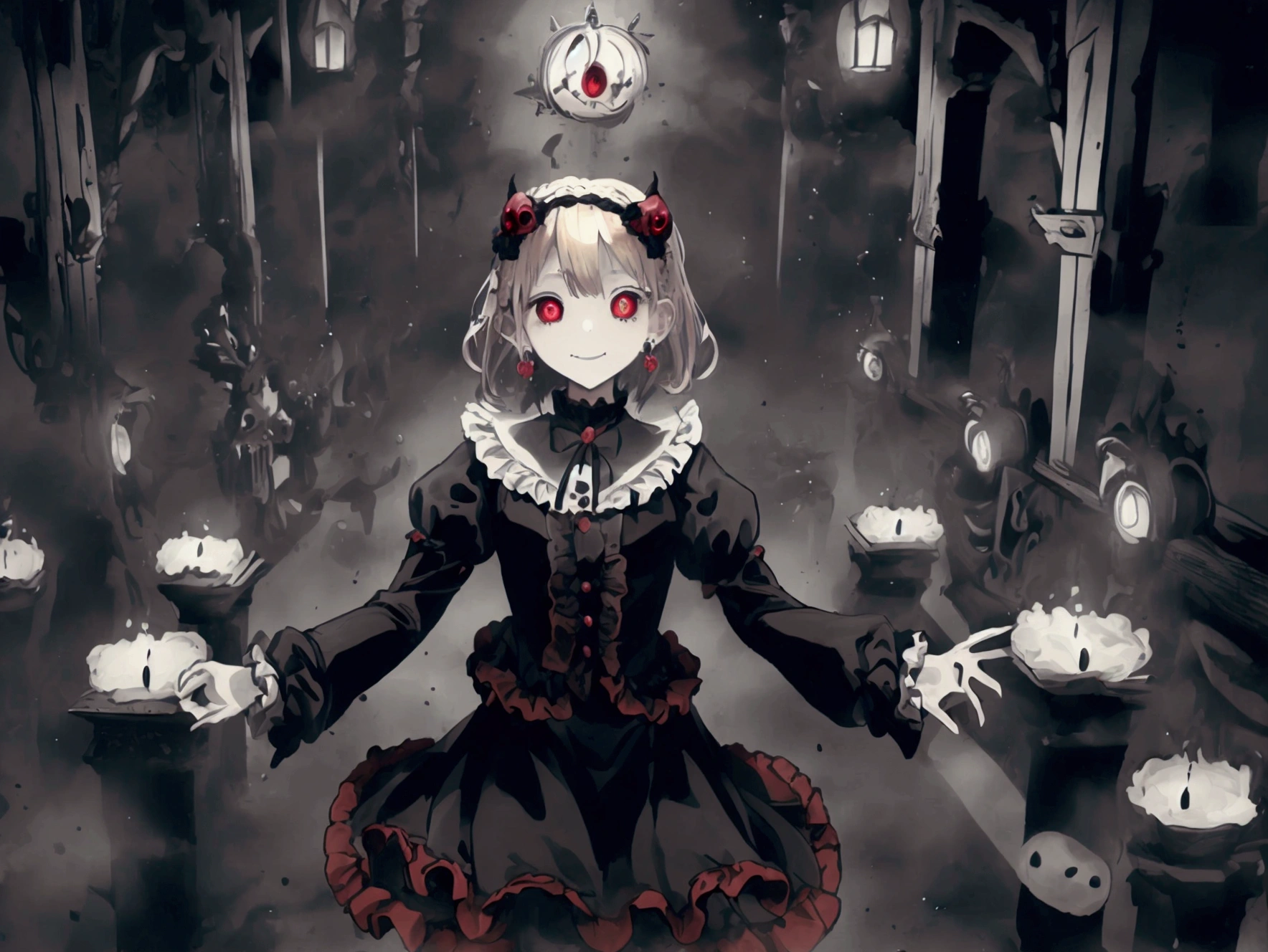 (masterpiece), (Highest quality), Very detailed, 1 girl, (whole bodyソロショット:1.5), whole body, (Inside the basement), skirt, shirt, Long sleeve, Frills, Wicked Smile, Spooky, Candles, Hair accessories, (doll), Tapestry, Horror Theme, Absurd, RAW Photos, Very delicate and beautiful, masterpiece, Highest quality, 超High resolution, 32K, 超Realisticな, Very detailedな, Detailed Description, Pale skin, 20-year-old, Tearful mole, Earrings, huge , Short Medium Hair, Wavy Hair, (Highest quality, 16K, masterpiece, 超High resolution, Victorian, Realistic: 1.2), 1 girl, Devil Costume, Cassock, Cowboy Shot, One-length bob cut braided hair clip on front, cute, Neat, Disconnect, Heroine&#39;s Attributes, Artistic Shading, Current Denied.Ghost、Scared、Ghost、Halloween、Fight、Fight、Large Group、a lot、.(Highest quality,4K,High resolution,masterpiece:1.2),Very detailed,Realistic:1.37,Spooky altar background,Dark fantasy,Red color scheme,Ominous atmosphere,Eye-catching,Storytelling,anatomy,Anime Style,Concept Art,Beautiful detailed face and (((Red eyes ))),Angel Design, Twisted Smile、,,skull,Horror Style, ((ファンタジー スウィート タ Frills ピンク コスチューム)), ((Flowing blonde hair)),,Female curves, Sexy flat stomach, Perfect hands, Perfect anime face,
