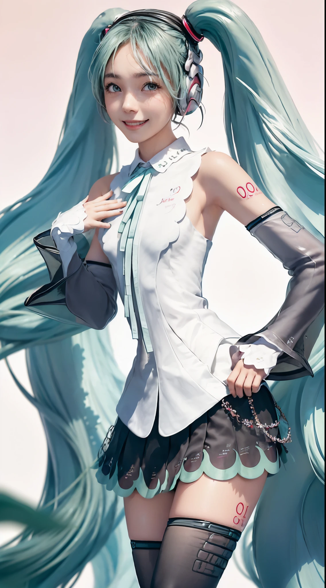 (Hatsune Miku character), Shiny light green hair, Long hair and ponytail, Take in the scenery, I can see, smile (big smile)、 whole body, 2 Girls, Perfect body, Perfect Anatomy, double eyelids, Moderate bust, Highly detailed skin texture,(Photorealistic Skin), Ultra detailed face, Thick pink lips, Wet Skin, Hyperrealistic female portraits by David Hockney and Alphonse Mucha, Realistic photo, Art Station, Poster, 4K, Modest, Cowboy Shot, (Formal attire:1.1), Simple white background