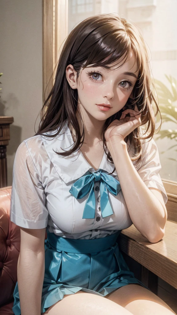 Schoolgirl, Uniform, (Nude:1.4), Spits (see-through lingerie:1.3), (Blushing:1.0), Aggressive expression, Detailed face