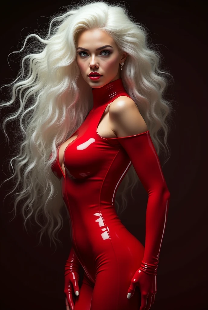 1 girl, fair_skin, (white long hair), large ass, (wearing red latex suit), full lips, pretty long eyelashes, pretty eyebrows, soft looking skin, realistic background, masterpiece, wearing diamond earrings, looking at viewer, ((blue eyes))