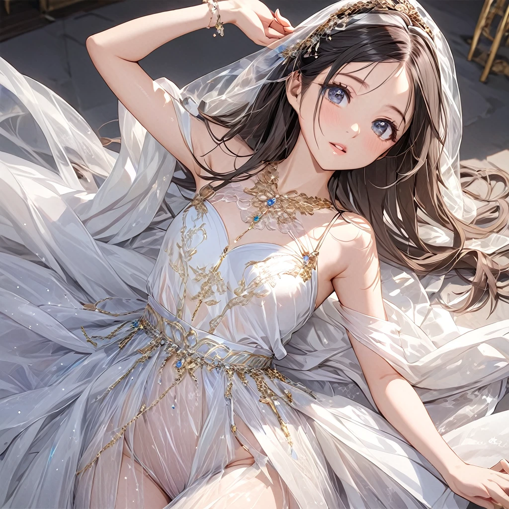 ((Highest quality)), ((masterpiece)), (detailed), （Perfect Face）、The woman is Satomi Ishihara, with black hair, a completely transparent gorgeous dress, gorgeous accessories and no underwear.