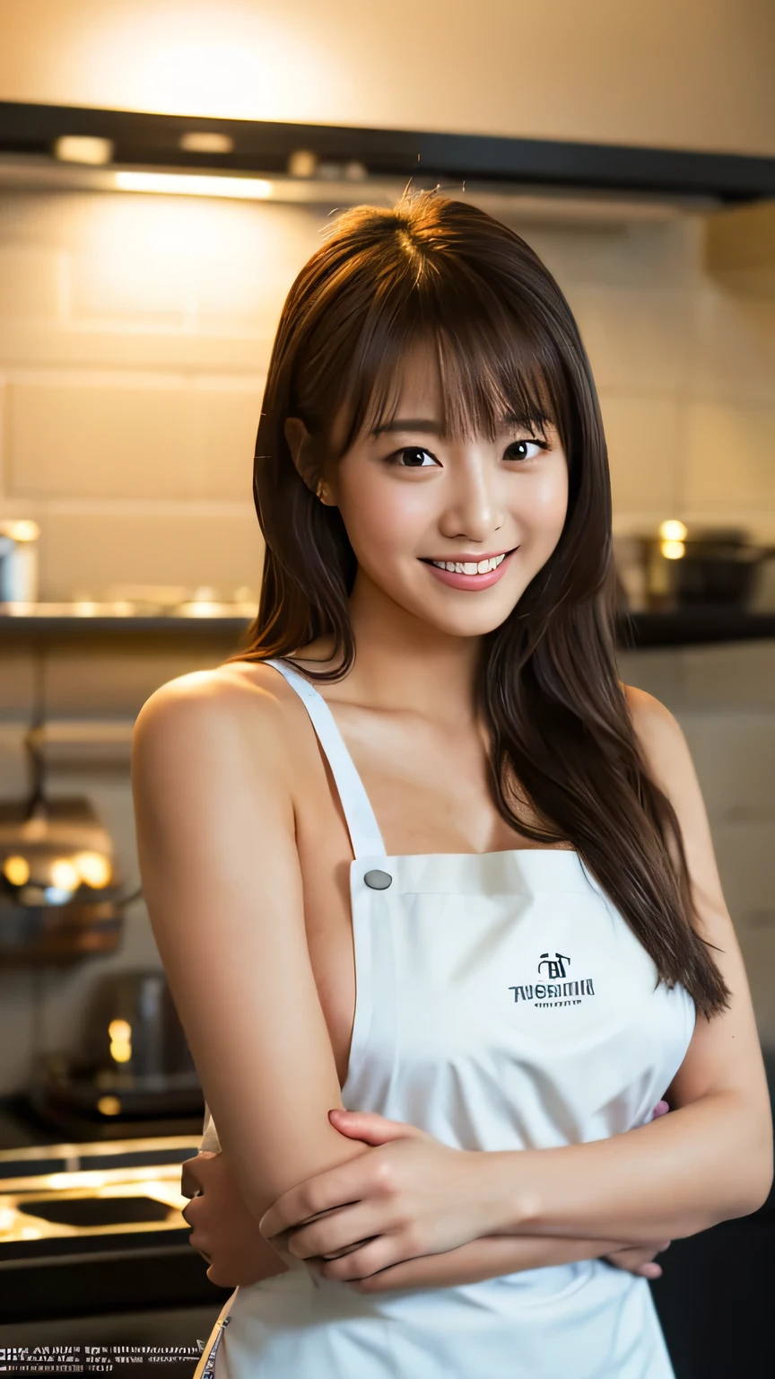 One Girl,Long Hair,smile, ((apron)),(kitchen) 、RAW Photos, (photoRealistic:1.37, Realistic), 8K wallpapers incorporating high-definition CG, Watch the audience, (((Straight from the front))), (high qualityスキン:1.8, Glowing Skin), 8K Ultra HD, Digital SLR, Soft lighting, high quality, Film Grain, Fujifilm XT3, ((Upper Body:1.6)), (Professional Lighting:1.6)、Big Breasts、No clothes、I&#39;No clothes、I want to see up to my knees、