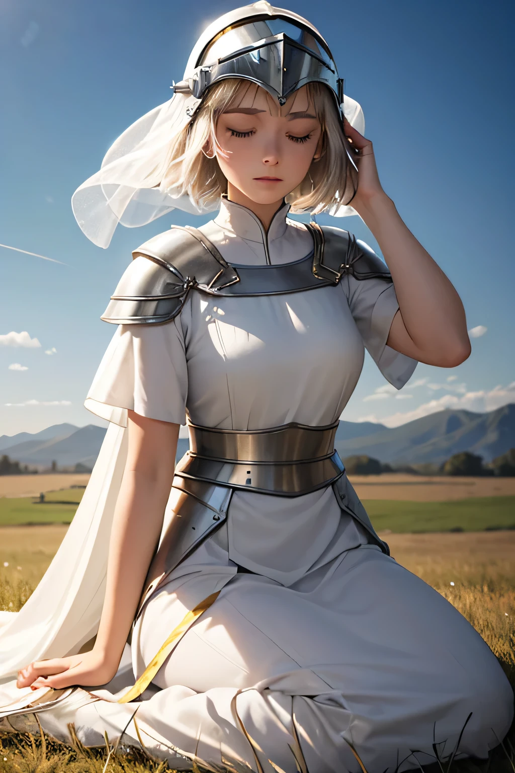 "Joan of Arc kneeling in prayer, wearing medieval armor over a simple white tunic. Her hair is short and messy, and she holds her helmet by her side. Beams of divine light pour down from the heavens, illuminating her and casting a glow on the silver armor. She is surrounded by a serene, grassy field with distant hills. Her face shows awe and reverence, with a soft breeze gently moving her hair. The atmosphere is sacred, with a glowing, ethereal aura surrounding her, emphasizing the divine moment."