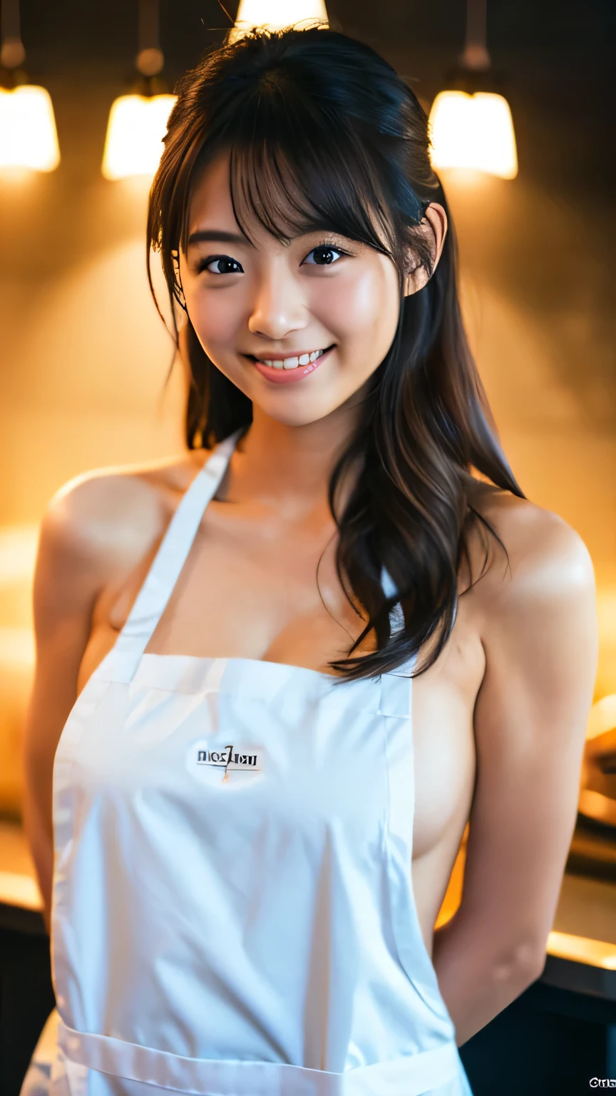 One Girl,Long Hair,smile, ((apron)),(kitchen) 、RAW Photos, (photoRealistic:1.37, Realistic), 8K wallpapers incorporating high-definition CG, Watch the audience, (((Straight from the front))), (high qualityスキン:1.8, Glowing Skin), 8K Ultra HD, Digital SLR, Soft lighting, high quality, Film Grain, Fujifilm XT3, ((Upper Body:1.6)), (Professional Lighting:1.6)、Big Breasts、No clothes、I&#39;No clothes、I want to see up to my knees、