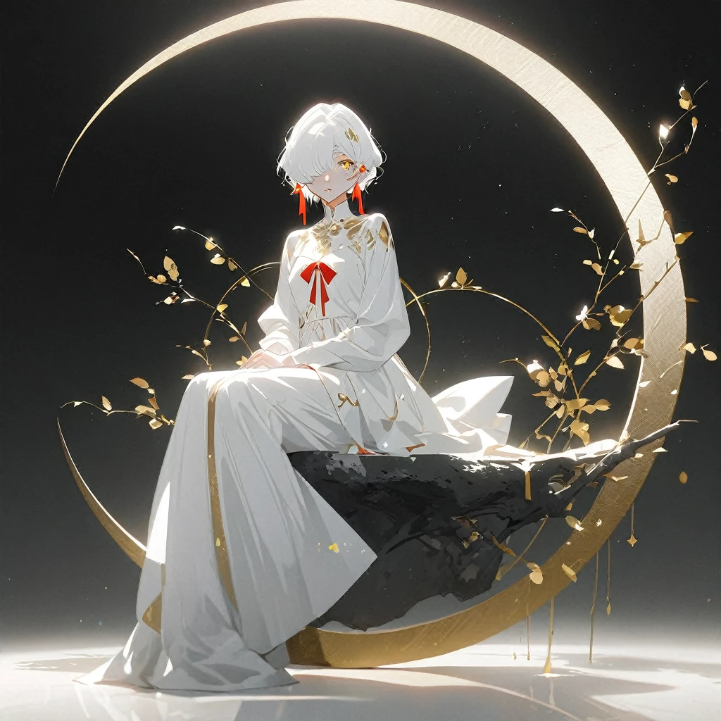 From rella, author：Agnes Cecil, A young woman，(A red ribbon covers one eye), ((Sit on the crooked moon)), Facial Injury, desolate, illustration，Golden eyes, With black aesthetics、Anime aesthetic style，I can't believe how beautiful it was，Red roses and gold foil, Monochrome minimalist portrait, Pop artistic sense, whole body, Dynamic, Masterpiece high resolution,Top quality,Top quality real texture skin,Super 2D,Improve resolution,RAW photos,best quality,Very detailed,Ray tracing,[Golden Section